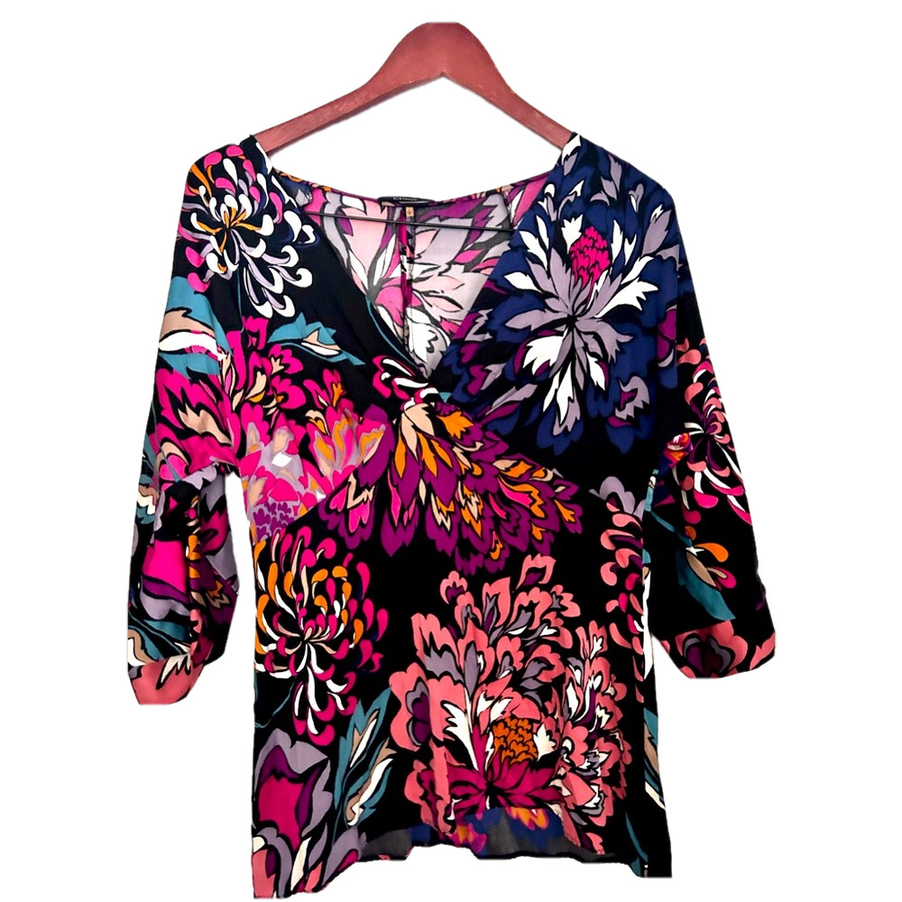 Elie Tahari Black Floral V-Neck Top with Pink and Blue Accents